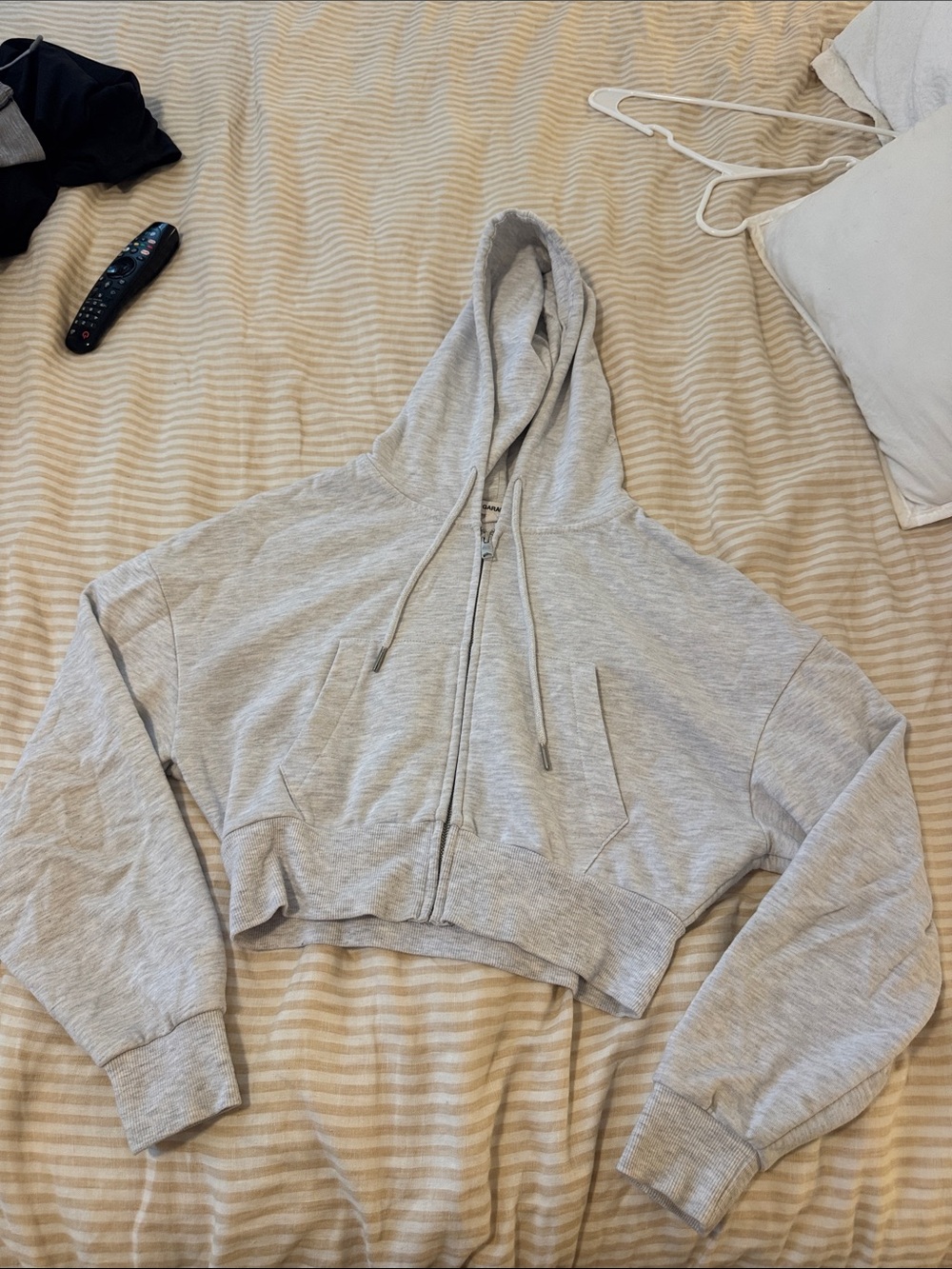 Garage Light Gray Cropped Zip Hoodie with Drawstring